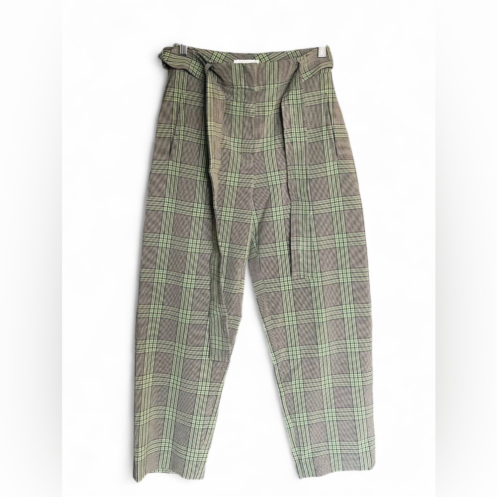 Aritzia Wilfred Checkered Plaid Gray and Green Tartan Pants with Belt